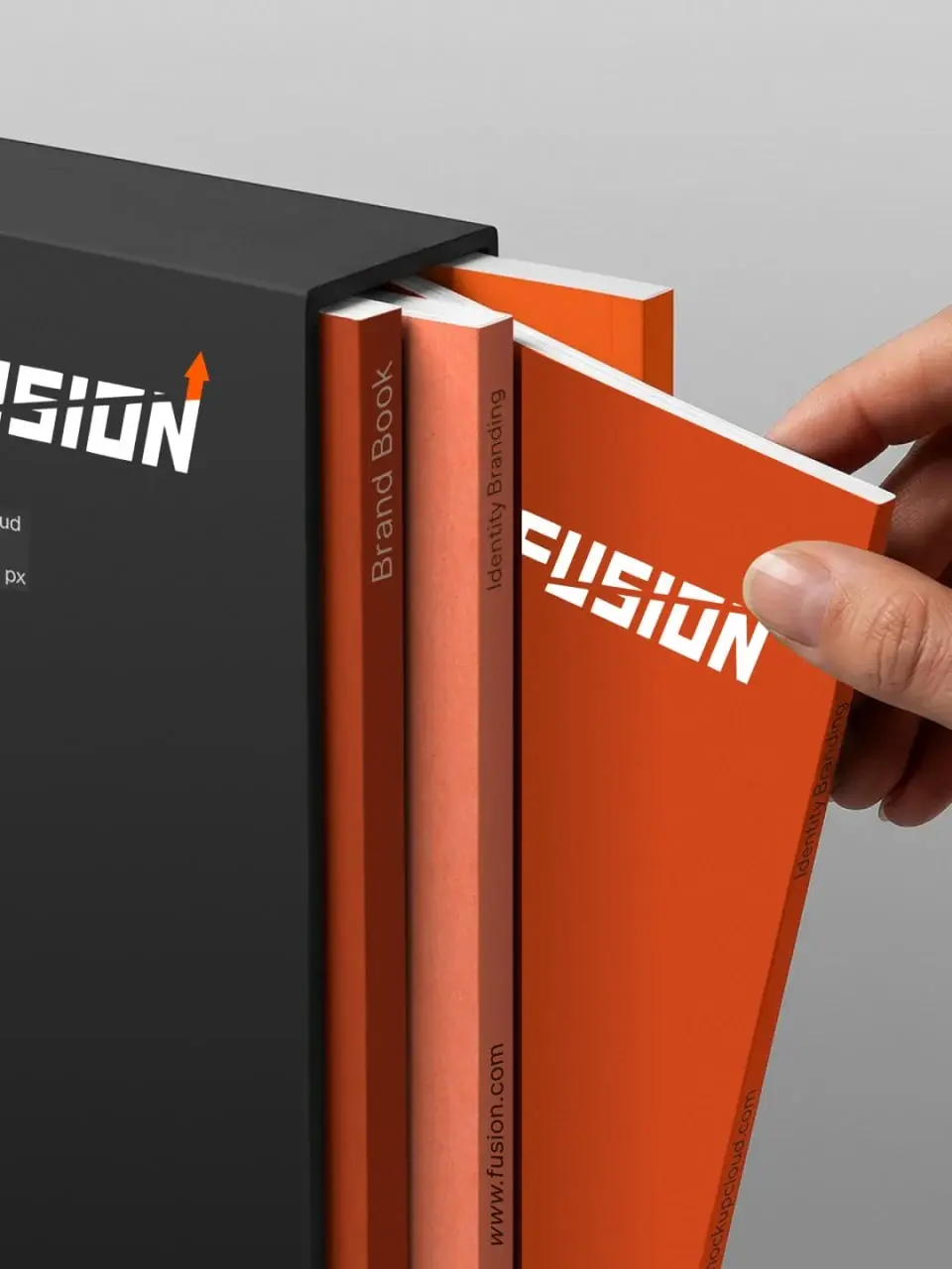 Fusion brand book volumes being pulled from a black slipcase