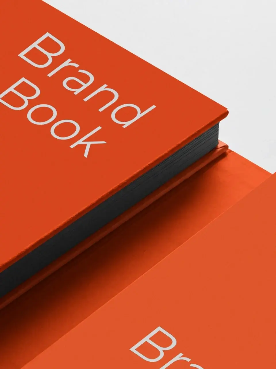 Close-up of two orange hardcover Fusion brand books