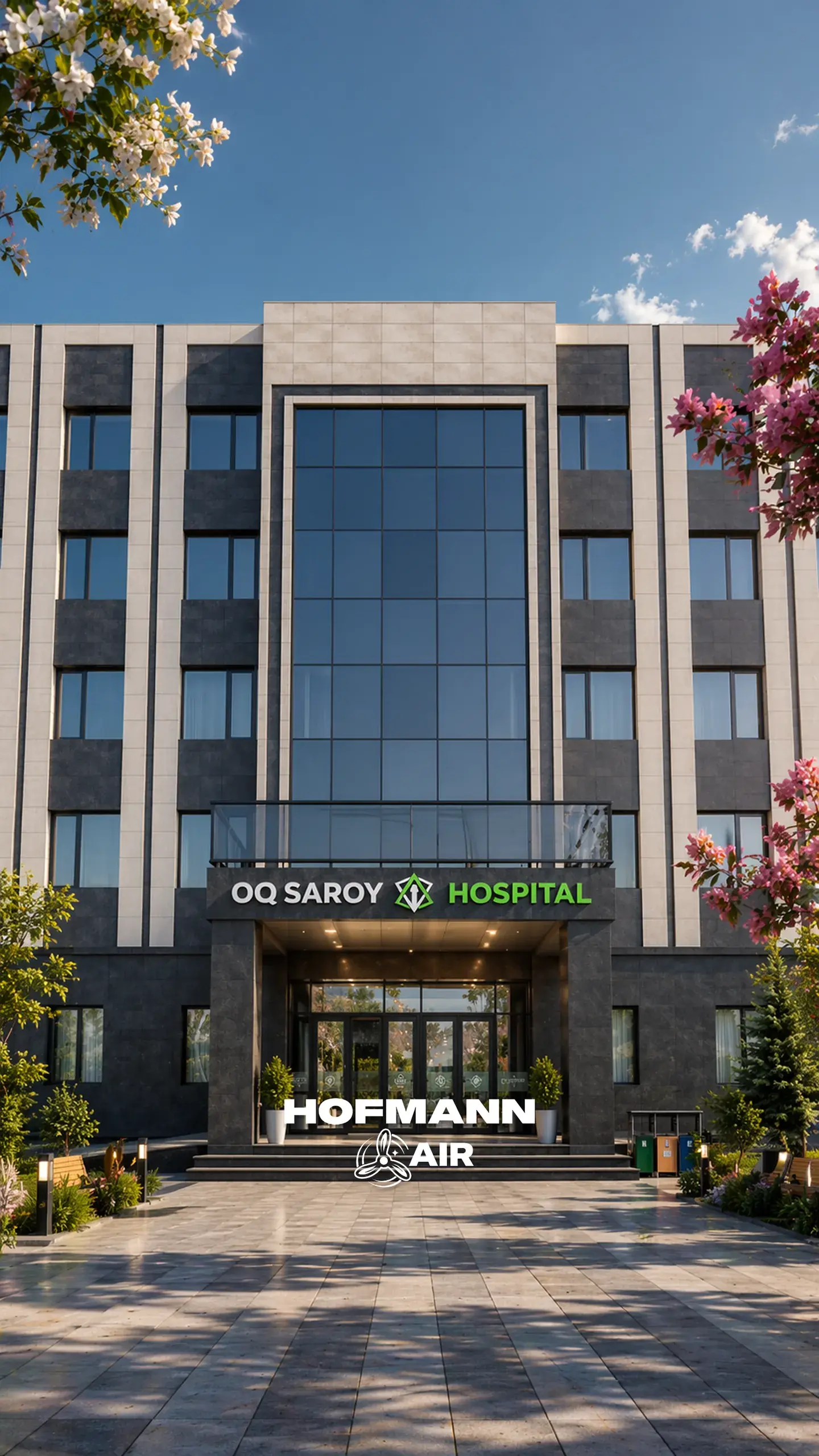 Hospital building entrance with the Hofmann Air logo