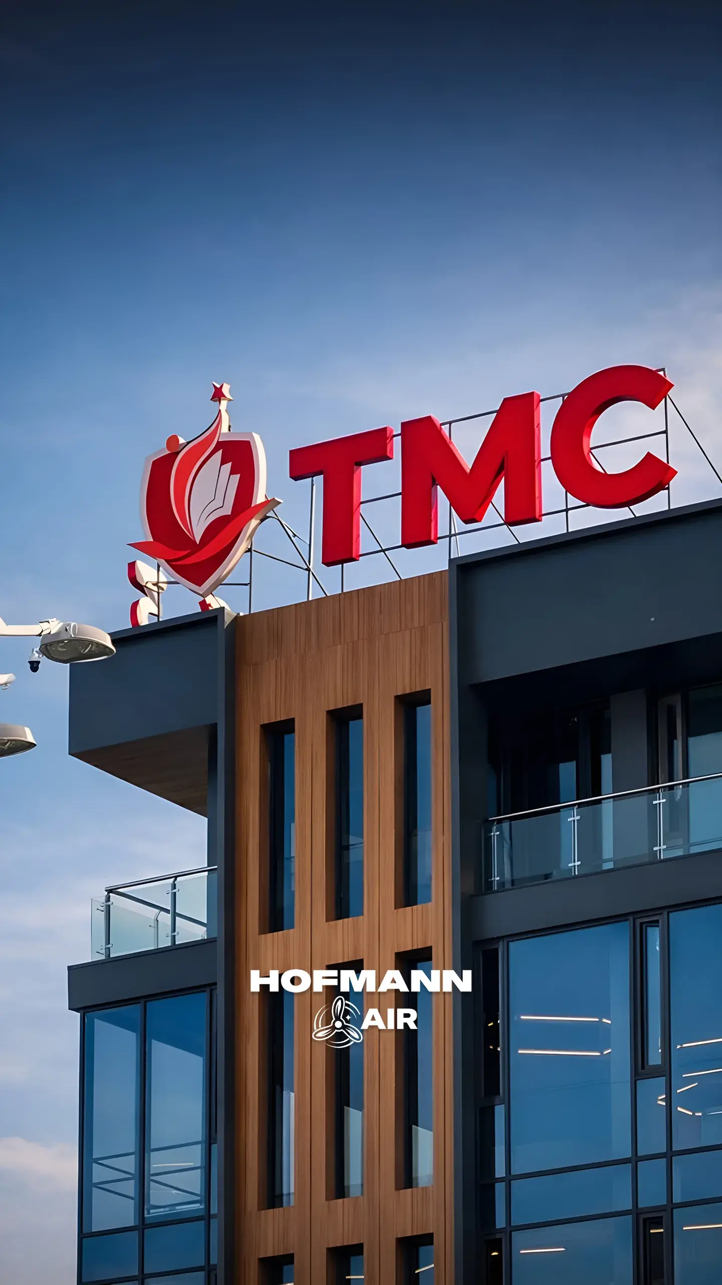 Modern office building with the Hofmann Air logo