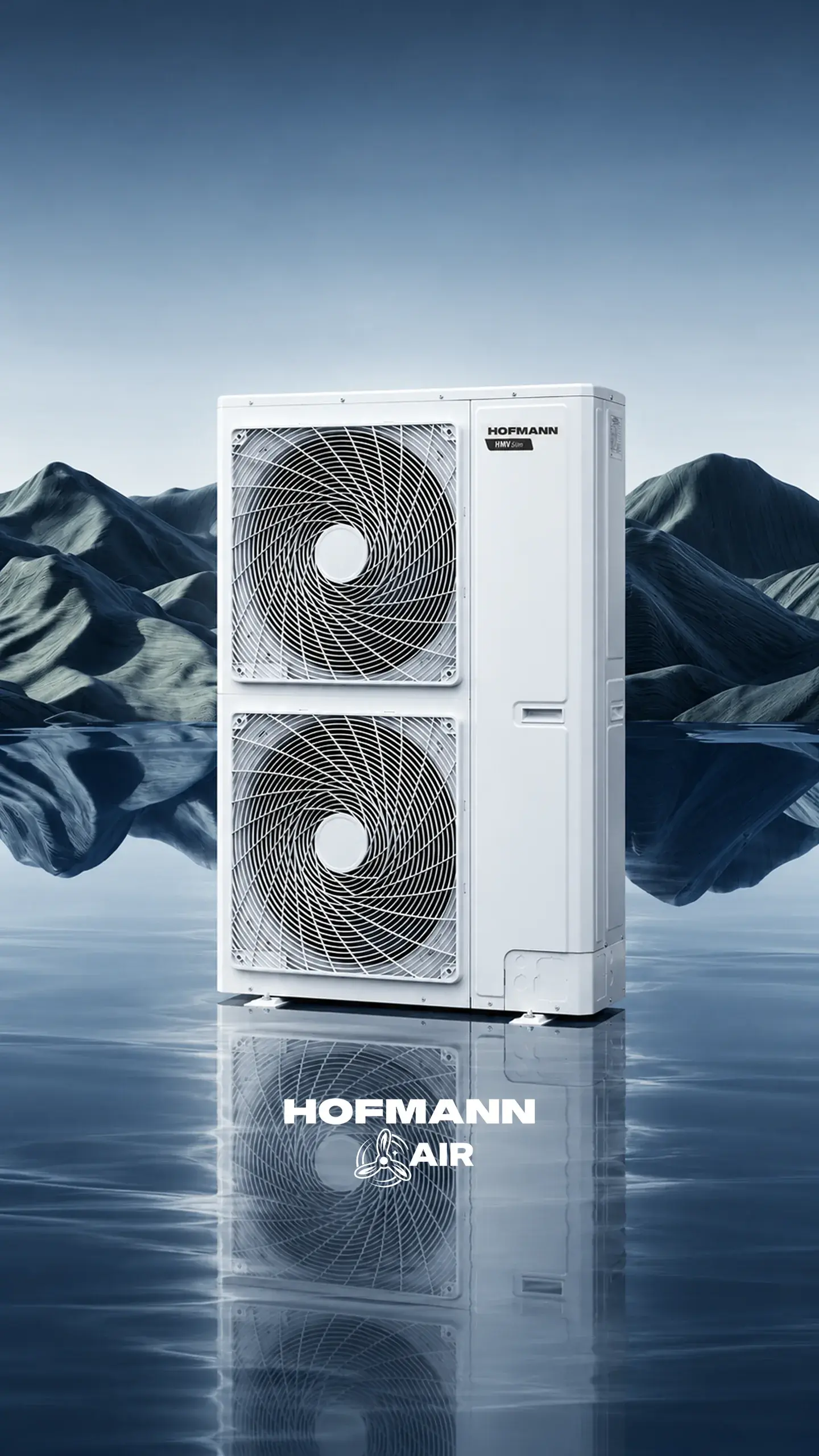 Hofmann HMV Slim outdoor unit standing on still water in front of blue mountains