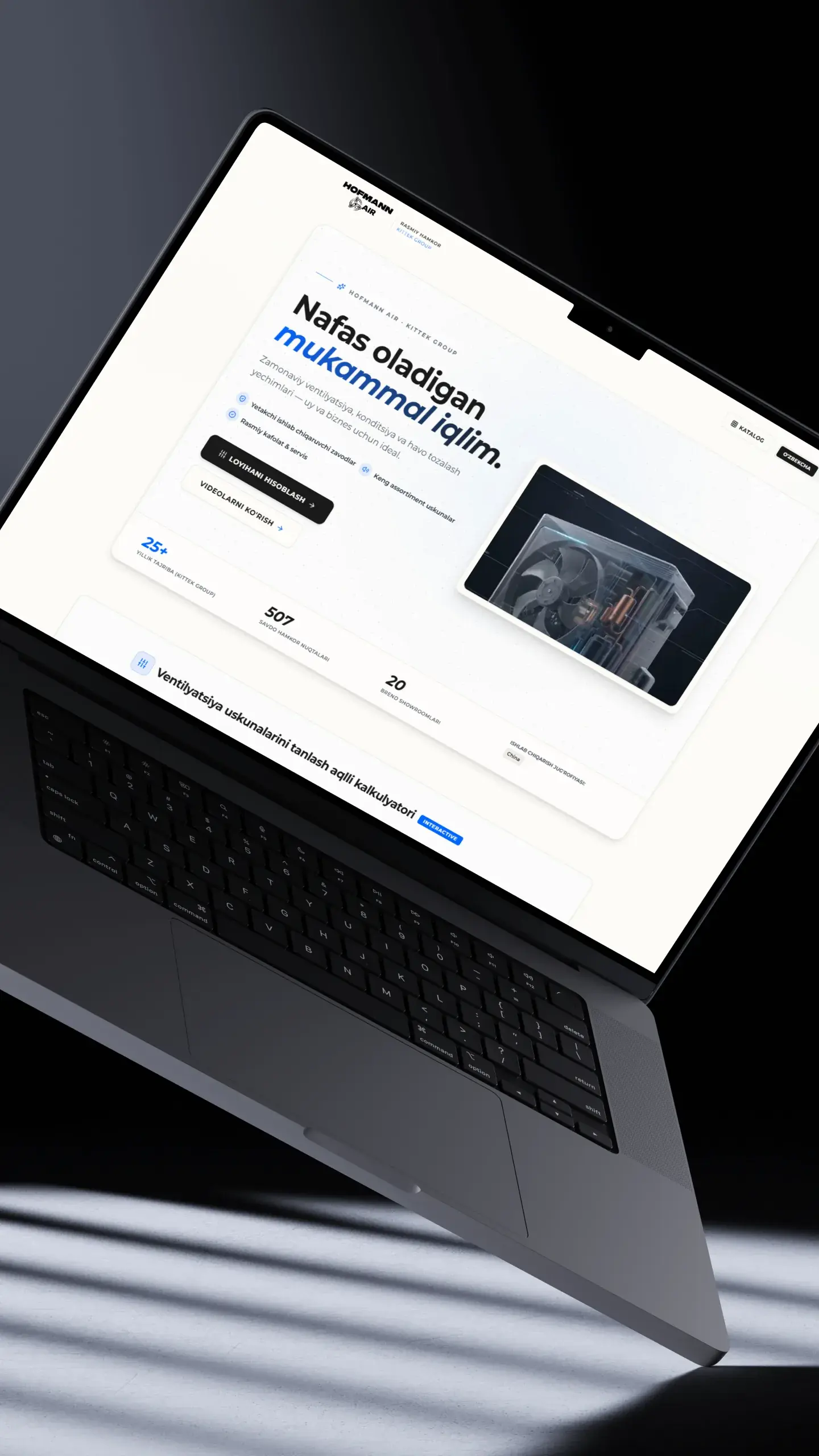 Hofmann Air website homepage on a floating laptop