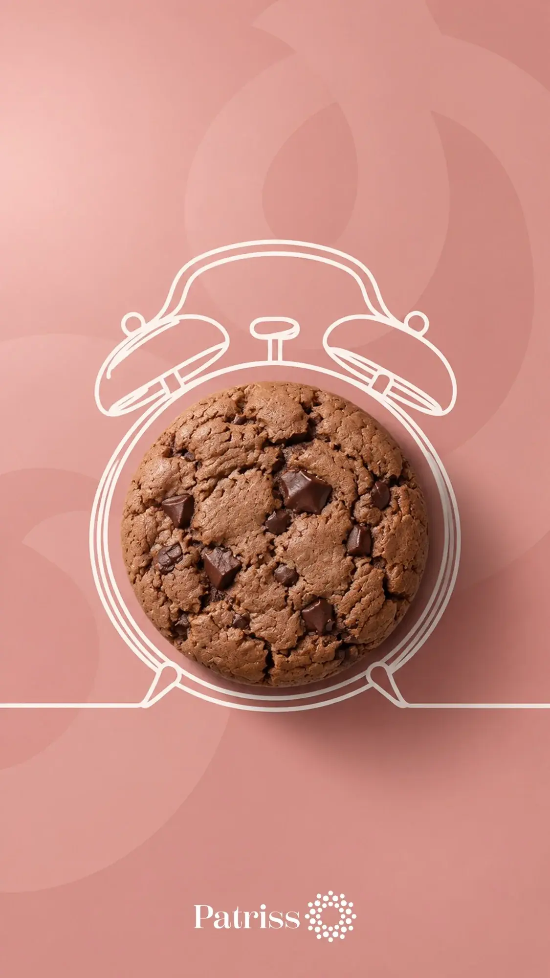 Chocolate-chip cookie drawn as the face of a line-art alarm clock