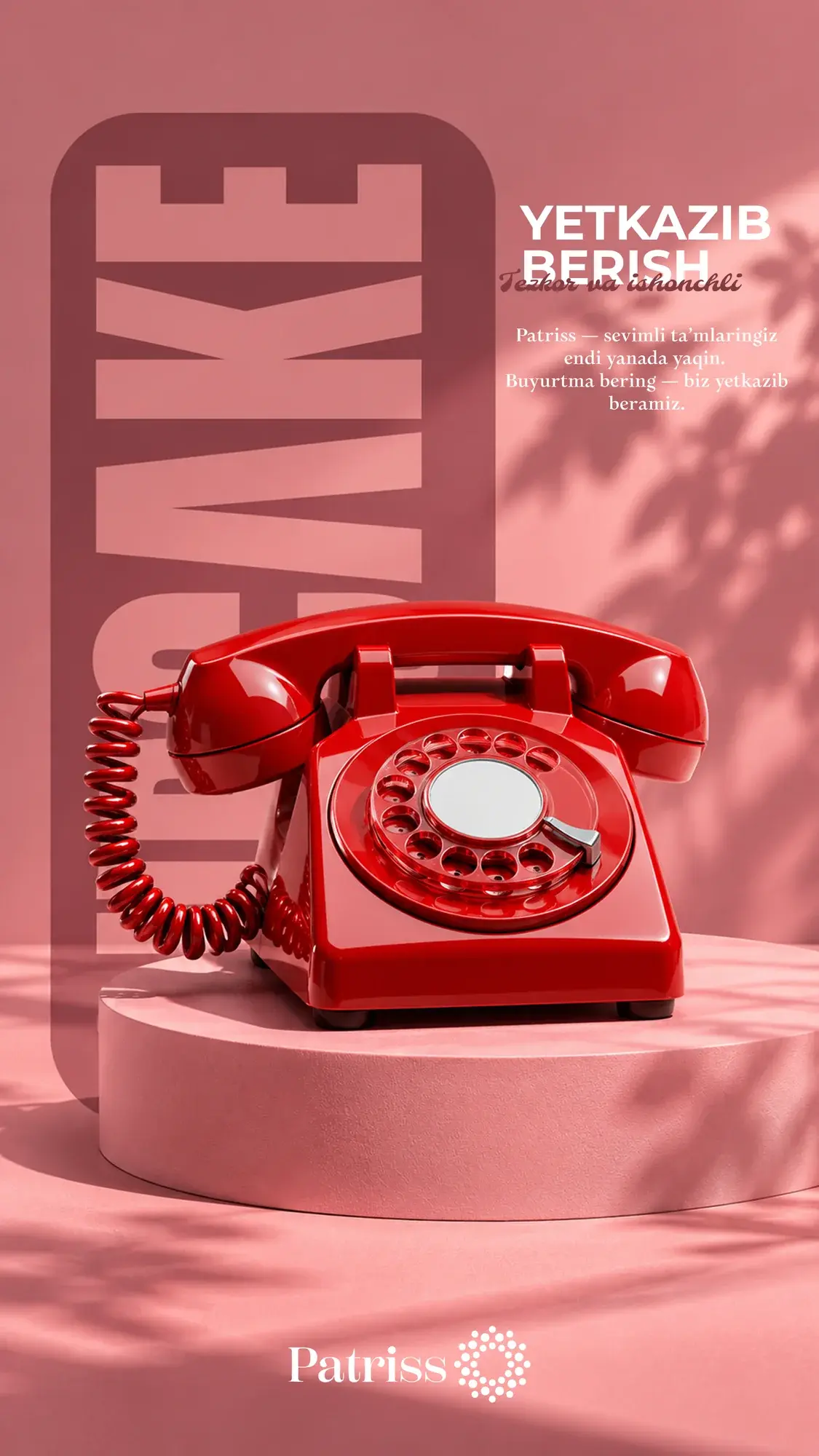 Red rotary telephone on a pink plinth for the Patriss delivery campaign