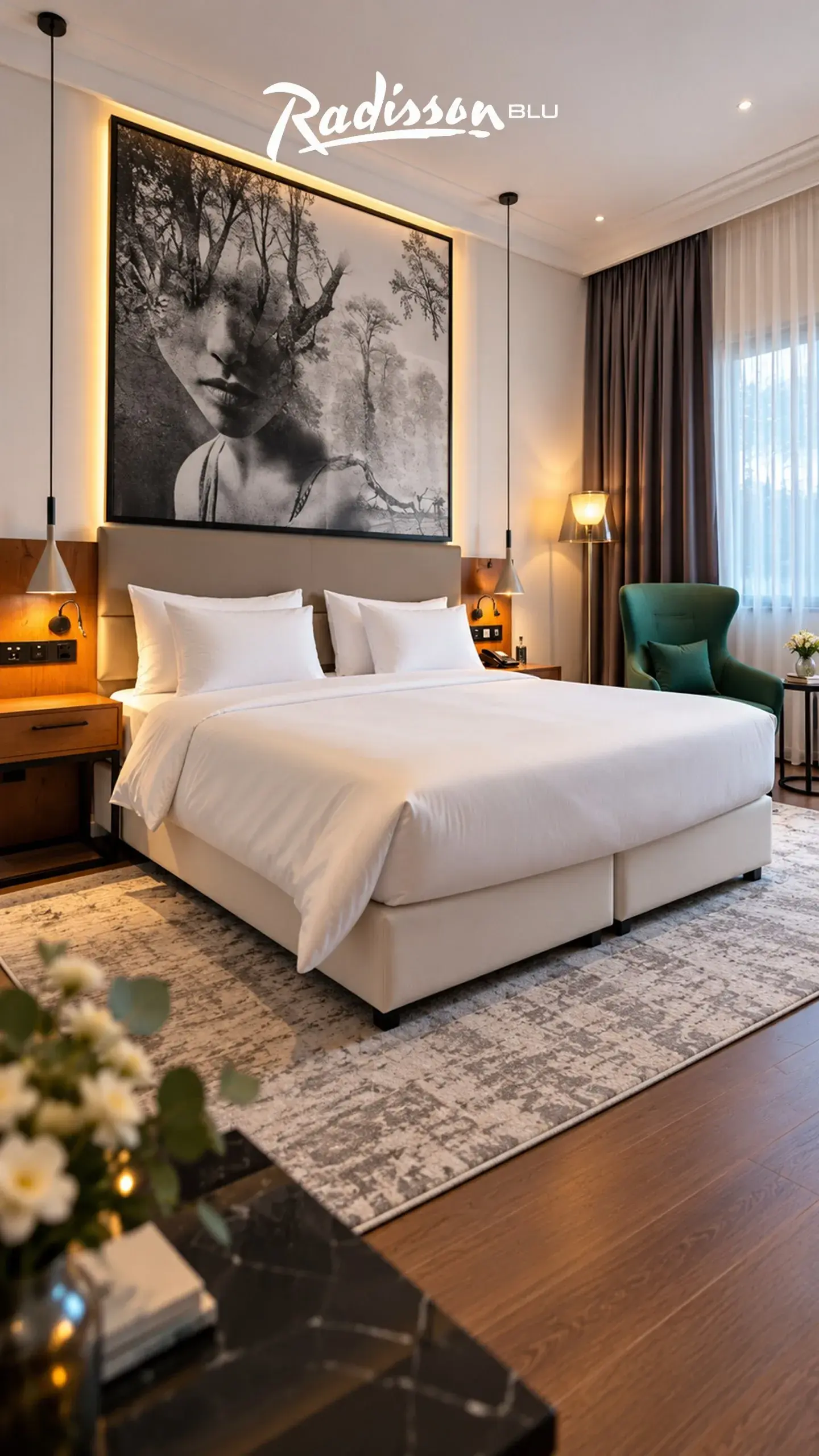 Guest room with white bedding, a large black-and-white artwork and a green armchair