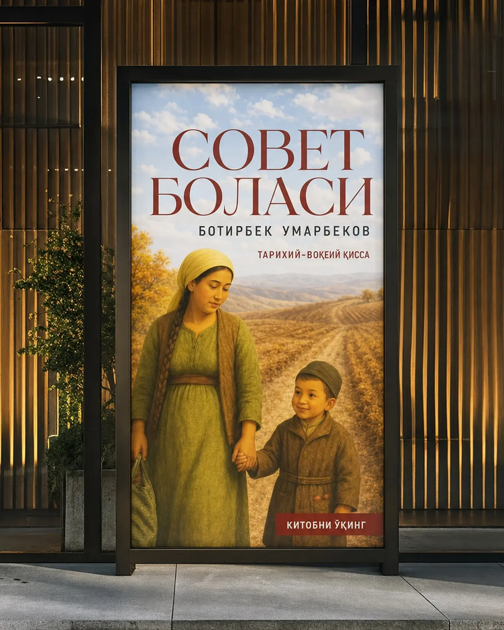 Street poster with a mother and son walking along a field road under the Sovet bolasi title