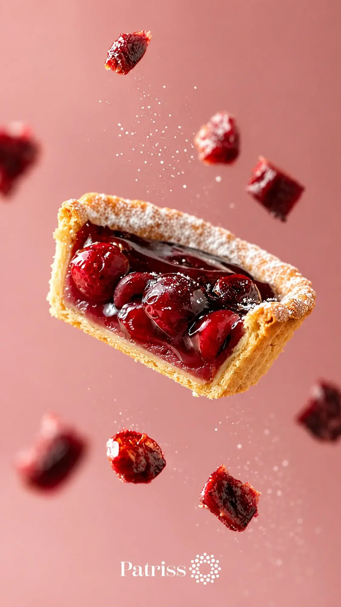 Levitating cherry tart with flying cherries on a dusty-rose background